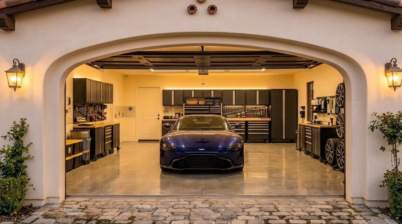 Martin Garage Door Services Interior View of Custom Garage Door Overhead and Workshop